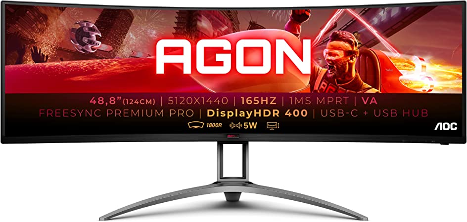 AOC AGON AG493UCX2 - 49 Inch Dual QHD Curved Gaming Monitor, 165Hz, VA, 4ms, Height Adjust, USB Hub, Free Sync Premium Pro, Speakers (5120 x 1440 400 cd/m²,HDMI 2.0 / DP 1.4 / USB-C / USB 3.2)