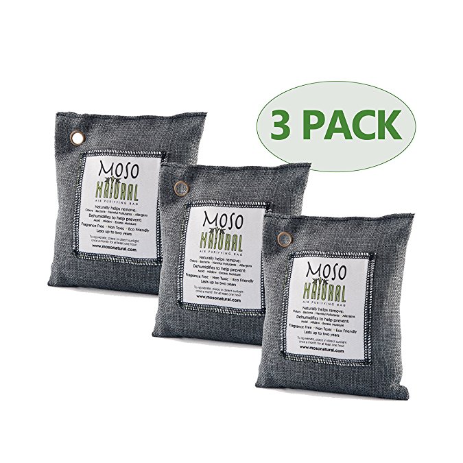 Moso Natural Air Purifying Bag. Odor Eliminator for Cars, Closets, Bathrooms and Pet Areas. Charcoal Color, 200-G 3 Pack