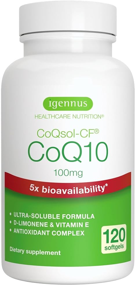 High Absorption CoQ10 100mg, D-Limonene & Vitamin E, CoQsol-CF Ubiquinone, Ultra Soluble Formula with 5X Bioavailability, 120 Softgels, Antioxidant Complex, by Igennus