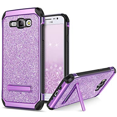 BENTOBEN Phone Case for Samsung Galaxy J7 2015/J700, 2 in 1 Heavy Duty Slim Shockproof Protective Glitter Bling Sparkly J7 2015 Cell Phone Case Hard PC Cover Soft TPU Bumper for Girls Women - Purple