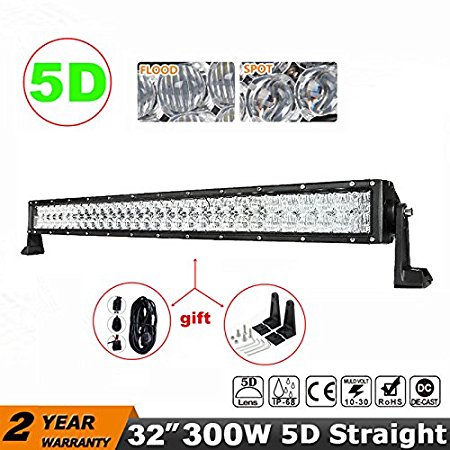 Yamaige 32” 300W 5D Lens CREE LED Light Bar IP68 Waterproof Flood Spot Combo Work Light Driving Lights Fog Lamp Offroad Lighting for SUV Ute ATV Truck 4x4 Boat with Mounting Brackets Wiring Harness