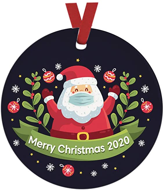 2020 Christmas Ornaments-Santa Clause Wearing Face_mask with Gift Ceramic Handmade Ornament-Xmas Tree Decoration