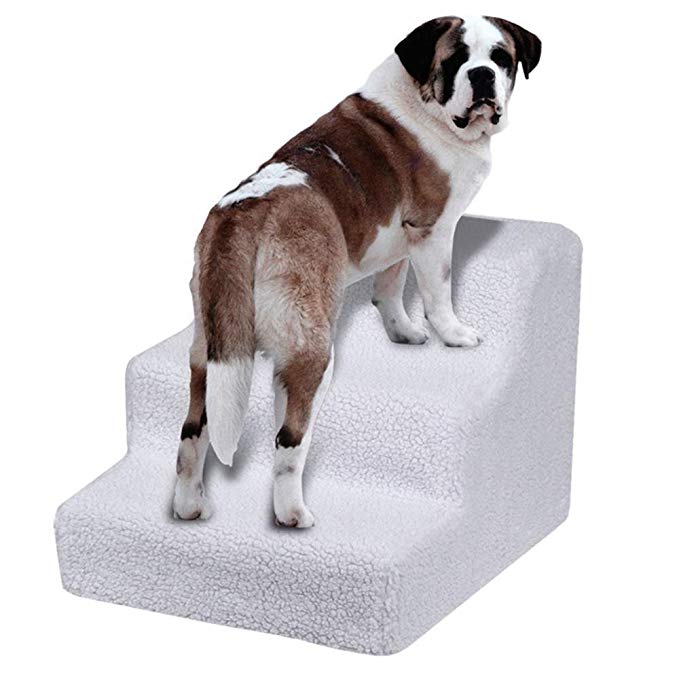 Popamazing Plush Covered Pet Stairs 3 Steps for Dog Cat (White)