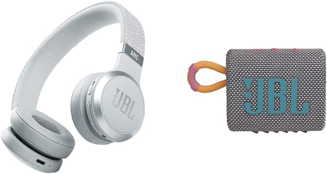 JBL Live 460NC - Wireless On-Ear Noise Cancelling Headphones & Go 3: Portable Speaker with Bluetooth, Builtin Battery, Waterproof and Dustproof Feature Gray JBLGO3GRYAM