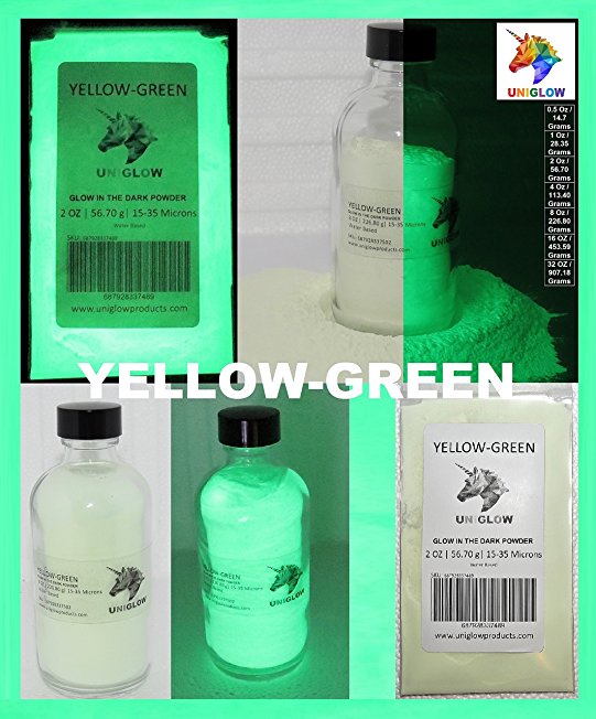 Yellow-Green Glow in the Dark Pigment Powder (ENCAPSULATED)(0.5 Oz / 14.18 Grams) LONGEST LASTING GLOW IN THE DARK POWDER. RECOMMENDED FOR ALL COLORLESS MEDIUM. INK. PAINT. PLASTIC RESIN. GLASS.etc