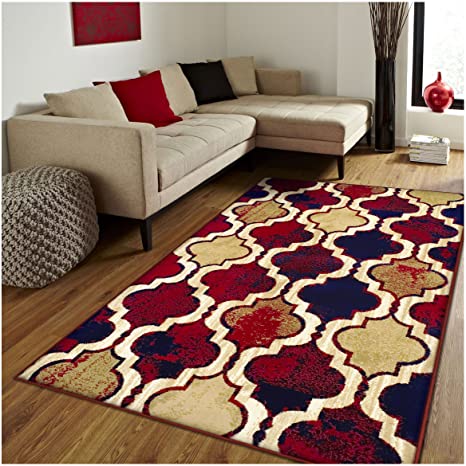 Superior Modern Viking Collection Area Rug, 10mm Pile Height with Jute Backing, Chic Textured Geometric Trellis Pattern, Anti-Static, Water-Repellent Rugs - Red Blue, 5' x 8' Rug