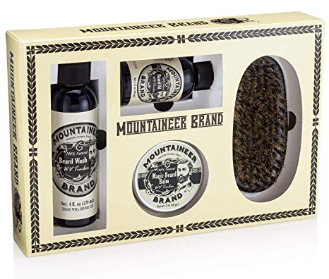 Beard Grooming Care Gift Box for Men by Mountaineer Brand | Natural, Nourishing Beard Oil (2oz), Conditioning Balm (2oz), Wash (4oz), Brush | Timber Scent (Cedarwood and Fir Needle)