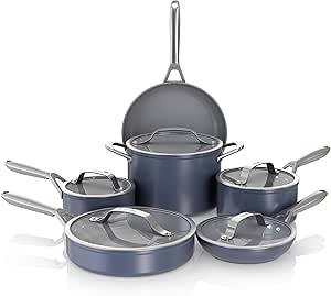 Ninja NeverStick Ceramic Pro 11-Piece Cookware Set, Non-Stick Pots and Pans, Glass Lids, Ceramic Coated, Stainless Steel, Stove to Oven, All Stovetops, Induction Compatible, Midnight Blue, CW39011MM