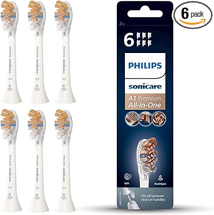 Philips Sonicare Genuine A3 Premium All-in-One Replacement Electric Toothbrush Head – Pack of 6 Philips Sonicare Replacement Brush Heads in White (Model HX9096/10)