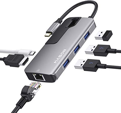 USB C Hub Multiport Adapter，Type C Adapter with 4K USB C to HDMI, Ethernet Port, 3 USB 3.0 Ports and USB C Power Pass-Through Port for MacBook/Pro/Air 2016/2017/2018/2019 and More USB C Devices.
