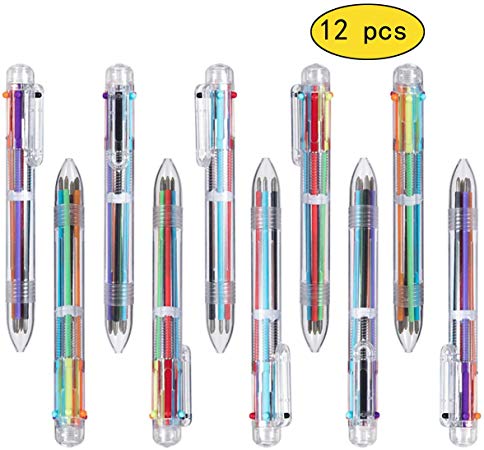 12 Pack Multicolor Pens 0.5mm 6-in-1 Retractable Ballpoint Pens,6 Colors Transparent Barrel Ballpoint Pen