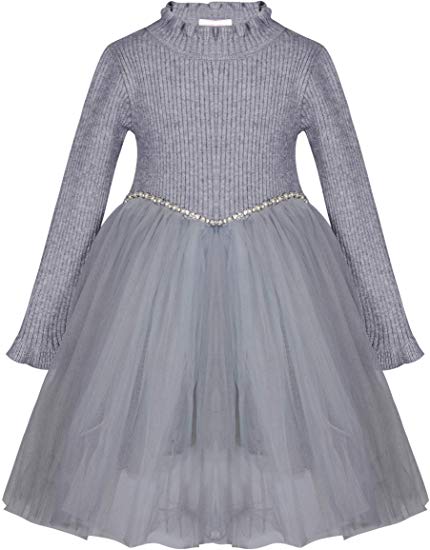 Bonny Billy Girl's Long Sleeve Embroidered Floral Lace Pleated Tulle Thick Winter Dress