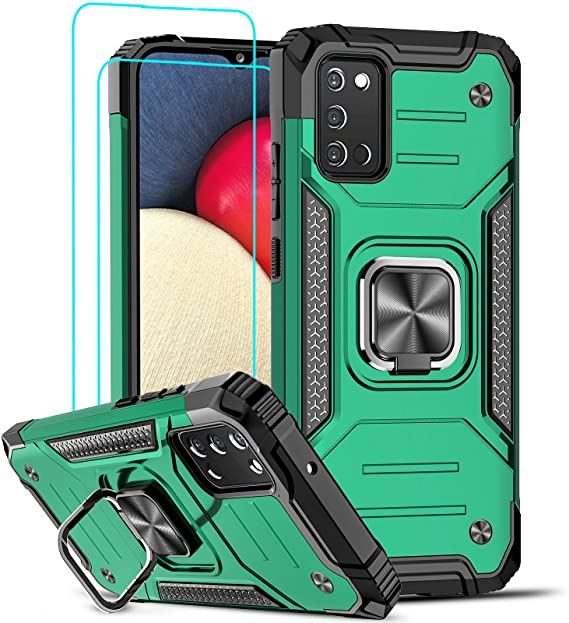 LeYi Compatible with Samsung Galaxy A02S Case, Galaxy A02S Case with Tempered Glass Screen Protector [2Pcs], Shockproof [Military-Grade] Phone Cover Case with Ring Kickstand for Samsung A02S, Green