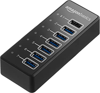 AmazonBasics USB-C 3.1 7-Port Hub with Power Adapter - 36W Powered (12V/3A), Black