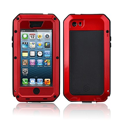 NEW Waterproof Shockproof Aluminum Gorilla Glass Metal Military Heavy Duty Armor Bumper Cover Case for Apple iPhone 5 5S Home Key  Fingerprint (Red)