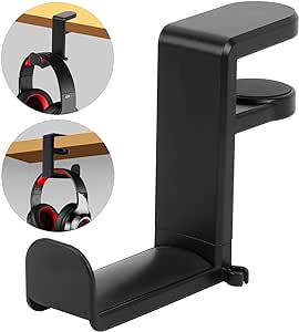 FYY Headphone Stand, 360 Degree Rotation Headset Hanger Holder, Adjustable Gaming Headphone Hook Under Desk Mount Headset Clamp with Cable Organizer Clip Black