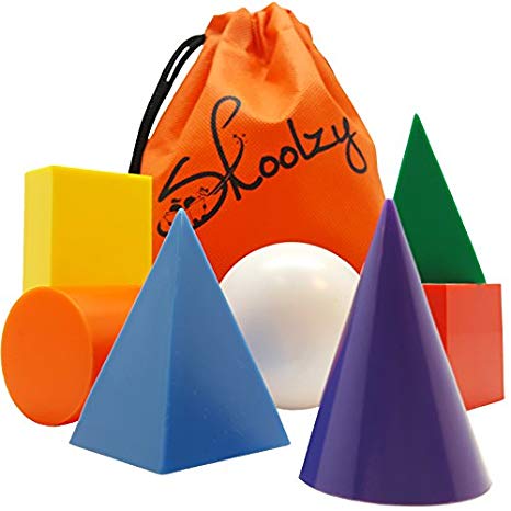 Skoolzy Geometric Shapes Montessori Toys - 7 Jumbo 3D Geometric Solids Preschool Learning Toys - Math Manipulatives Geometry Set Geo Blocks for Kids | Elementary Homeschool Supplies | Tote & eBook