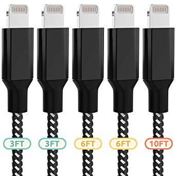 iPhone Charging Cable, YJan MFi Certified Lightning Cable Durable Nylon Braided Fast iPhone Charger Cords Compatible with iPhone Xs/XR/XS Max/8 Plus/7 Plus/8/7 iPad iPod-5 Pack