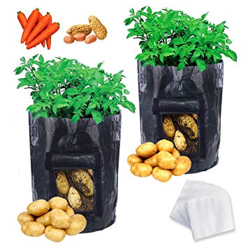 JPSOR 2pcs Potato Grow Bags 10 Gallon with 100pcs Nursery Bags,Garden Vegetables Planter Bags with Flap and Handles Heavy Duty Suitable for Potato, Carrot, Tomato (Black)