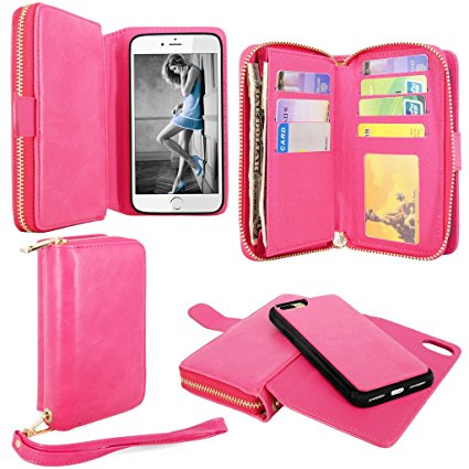 iPhone 7 Plus Case, iPhone 8 Plus Case, Cellularvilla [Zipper Wallet] Premium Flip PU Leather Wallet Case [Card Slots] [Shockproof] Magnetic Detachable Ladies Bag Case For iPhone 7 8 Plus - Pink