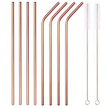 YIHONG Set of 8 Stainless Steel Metal Straws Ultra Long 10.5 Inch Reusable Straws For Tumblers Rumblers Cold Beverage Rose Gold (4 Straight|4 Bent|2 Brushes|1 Pouch)