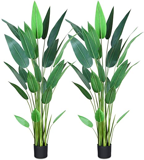 CROSOFMI Artificial Bird of Paradise Plant 5.2Feet,Fake Tropical Palm Tree,Perfect Faux Strelitzia Plants in Pot for Indoor Outdoor House Home Office Garden Modern Decoration Housewarming Gift-2Pack