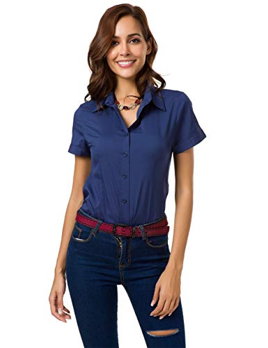 Womens Formal Button Down Shirts Short Sleeve Shirts Slim Fit Blouse for Work Summer Tops