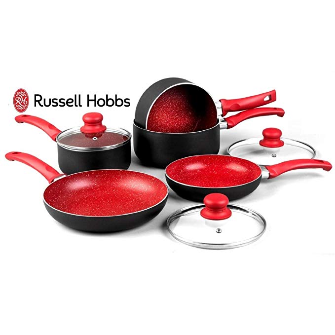 Russell Hobbs 8 Piece Induction Non Stick Stone Pan Set Saucepan Frying Pan Kitchen Cookware (Red)