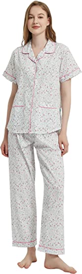 GLOBAL Pajama Set for Women Cotton Set Pjs Summer Pajamas Pants - Short-Sleeves