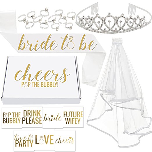 Bachelorette Party Decorations Kit // Bridal Shower Supplies with Cheers Gift Box: Tiara, Veil, Bride-To-Be Sash, Gold Bridal Tattoo Collection, Wearable Silver Engagement Rings! Cheers!