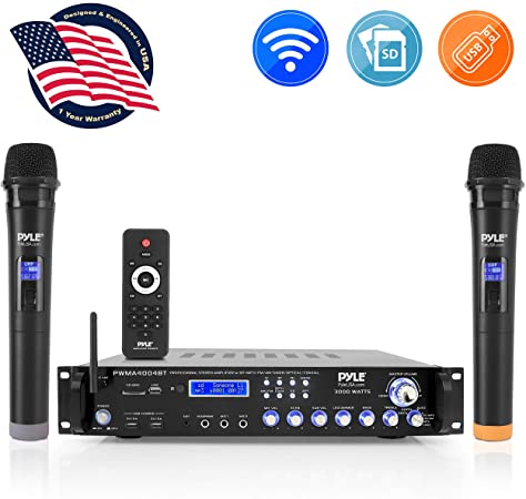 Bluetooth Multi-Channel Hybrid Pre-Amplifier System - 3000W Home Audio Rack Mount Stereo Power Amplifier Receiver w/ Radio, USB, UHF, Dual Wireless Karaoke mic, Speaker Sound System - Pyle PWMA4004BT