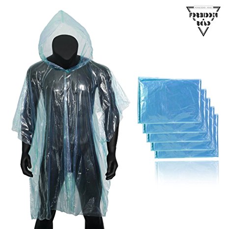 Forbidden Road Poncho with Hood 5 Pack ( One Size Fit All ) Emergency Disposable Rain Poncho Cover Raincoat Lightweight Super Waterproof for Camping Hiking Backpacking Traveling Fishing Outdoor