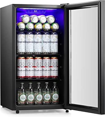 R.W.FLAME Beverage Refrigerator Cooler, 105 Cans Mini fridge with Double Glass Door and LED Lights, Small Refrigerator for Office, Home or Bedroom, Wine Cooler Digital Temperature Control, 3.2Cu.Ft