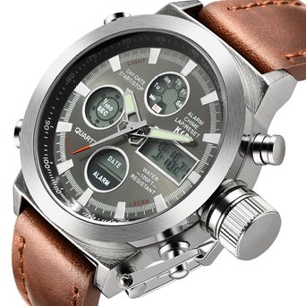 Tamlee Fashion Men's Digital Analog Sport Wrist Watch with PU Leather Strap EL Backlight (Silver)