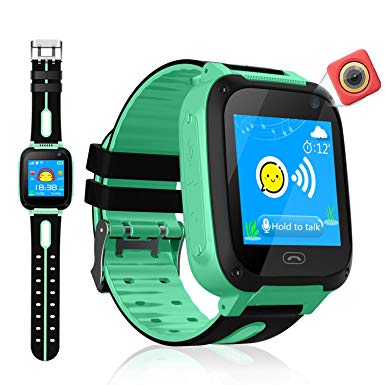 VEAQEE GPS Tracker Kids Smart Watch for Children Girls Boys with Camera SIM Calls Anti-Lost SOS Alarm Compatible for iOS and Android (Green（lbs）)