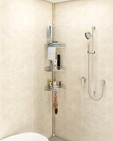 Lifewit Corner Shower Caddy 4 Tier Adjustable Bathroom Constant Tension Corner Pole Caddy Free Standing Easy Installed Shower Caddies for Shampoo, Soap (3 Tires Shower Caddy   1 V Shape Towel Rack)