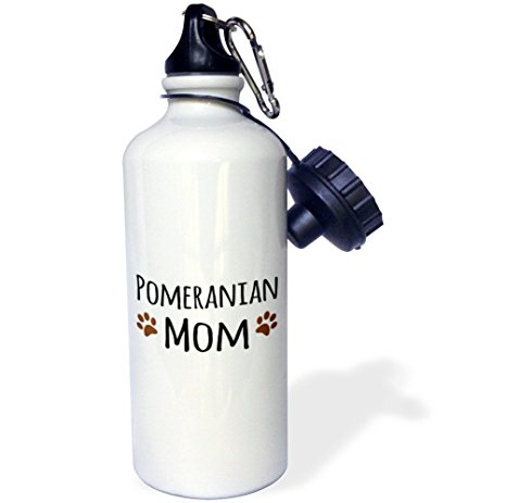 3dRose wb_154175_1 "Pomeranian Dog Mom-Pom Doggie by breed-muddy brown paw prints-doggy lover pet owner mama love" Sports Water Bottle, 21 oz, White