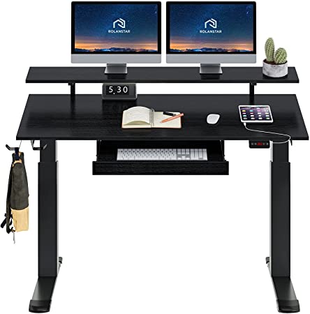 Rolanstar Standing Desk Dual Motor with USB Charging Ports, 47" Adjustable Height Desk with Keyboard Tray and Monitor Shelf, Electric Standing Desk with Double Headphone Hook, Black