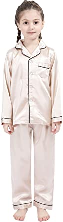 Pajamas Little Kids Silk Sleepwear Set PJS Button-Down Satin Clothes Long Sleeve Loungewear