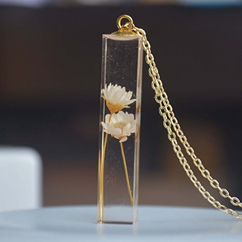 Daisy Ivory Real Flowers Transparent Cube Resin 18K Gold Plated Long Necklace 26" Length Chain