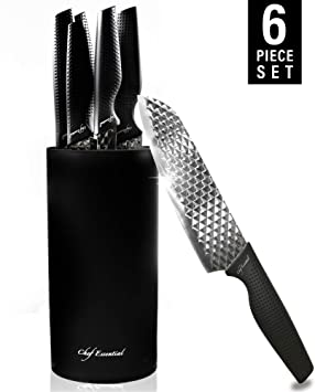 Chef Essential Kitchen Block Set with 6 Stainless Steel Knives, Chef Quality Utensils with Santoku, Paring, Carving, Utility, and Bread Cutlery, Precision Sharp Blades, All-Purpose Use (Black)