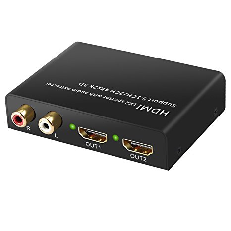 Neoteck 2 Way HDMI Splitter with Audio Extracter 4Kx2K HD Hub Smart Splitter Box 1 in 2 out HDMI Splitters with RCA L/R Stereo Output for HDTV PC SKY Box PS2 PS3 XBox360 Blu-ray DVD