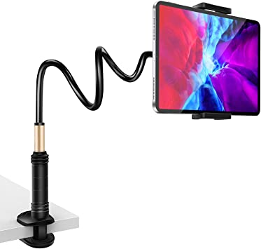 MoKo Gooseneck Tablet Holder, Flexible Phone Mount Stand with clamp for Bed Clamp for 4-11" Device, Fit iPhone 12 Series/11 Pro Max, iPad Air 4 10.9, Air 3, iPad Pro 11, Galaxy Tab S7 11" - Black Gold