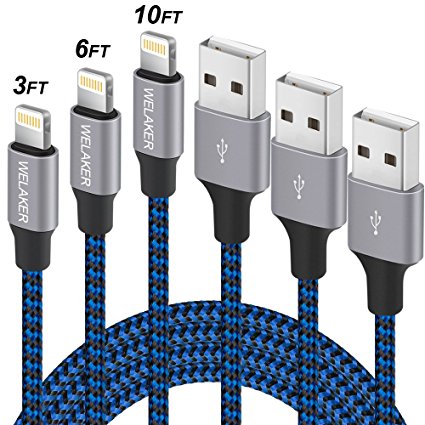 iPhone Charger, WELAKER 3 Pack (3FT 6FT 10FT)Nylon Braided Lightning to USB Cable Fast Sync Charging Cord Cable for iPhone X, 8，8 Plus, 7, 7Plus, 6s, 6, 6Plus, 6sPlus, 5s 5 5c SE, iPad, iPod and More