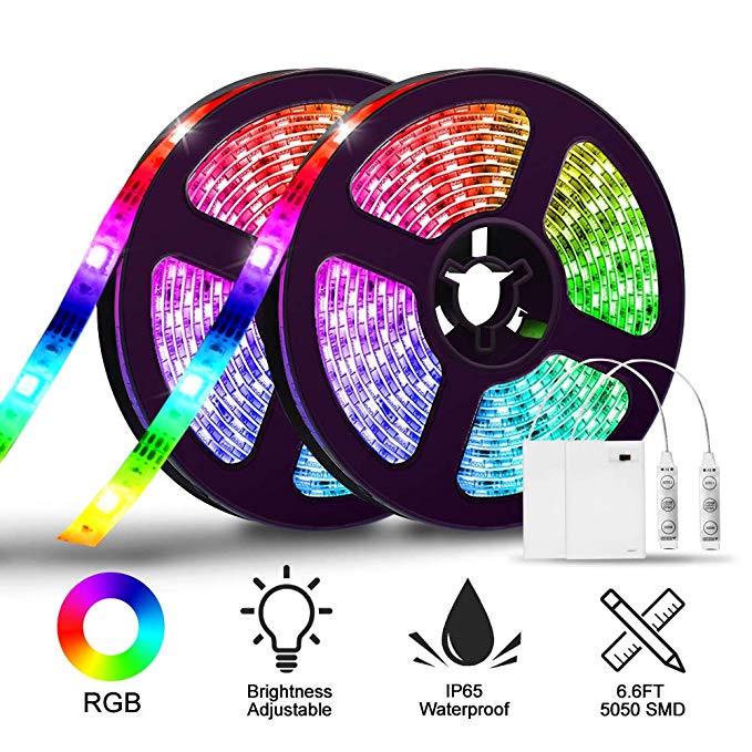 SOLMORE LED Strip Lights Battery Operated 6.6FT/2M RGB LED Light Strip SMD5050 60 LEDs Waterproof Rope Lights Color Changing Flexible LED Strip Kit for Home Bedroom DIY Party Indoor Outdoor (2Pcs)