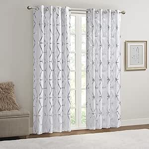 Comfort Spaces Vivian Total Blackout Window Curtain Panel Pair, Metallic Geometric Design, Thermal Insulated Light Blocking Drape for Bedroom and Apartments, 50x84, White/Silver, 2 Piece