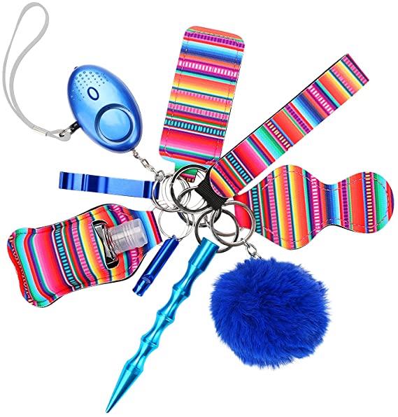 Safe Keychain Set, Ideashop 10Pcs Safety Keychain Accessories with Security Alarm, Emergency Whistle, Pompom, Wristband, Etc. for Women, Girls, Kids