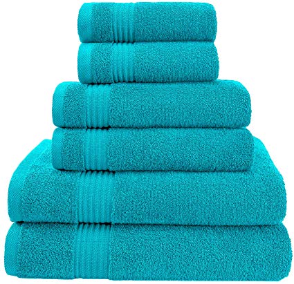 Hotel & Spa Quality Super Absorbent and Soft, 100% Genuine Cotton, 6 Piece Turkish Towel Set for Kitchen and Decorative Bathroom Sets Includes 2 Bath Towels 2 Hand Towels 2 Washcloths, Aqua Blue