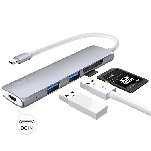 GN22A MacBook Hub Aluminum Type-C Hub USB C Cable, 2 Superspeed USB 3.0 Ports, 1 USB C Port with PD, 1 SD Card Reader and 1 MicroSD Card Reader for MacBook Pro, Google Chromebook, Huawei Matebook Gray