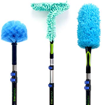 EVERSPROUT Duster 3-Pack with Extension-Pole (20  Foot Reach) | Hand-packaged Cobweb Duster, Microfiber Feather Duster, Flexible Microfiber Ceiling & Fan Duster | Aluminum Telescopic Pole